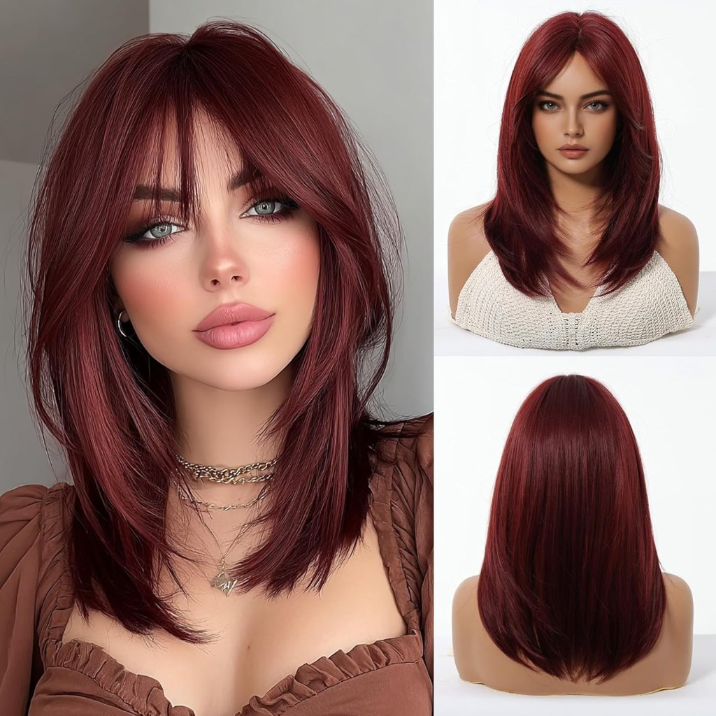 Burgundy Wig For Women Long Layered Wine Red Wigs With Bangs 16 Inches Dark Red